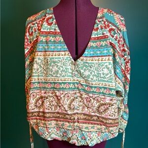 Lovestitch Blue and Orange Asymmetrical Ruched Blouse